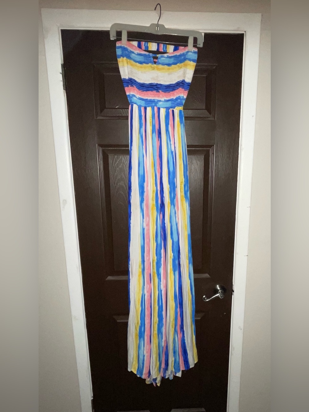 Hers & Mine Rayon Striped Strapless Multi-Color Maxi Dress (size L)